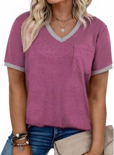 Eytino Plus Size Tops for Women Striped V Neck Short Sleeve Pocket Summer Loose Fit Tee Shirts,5X Red