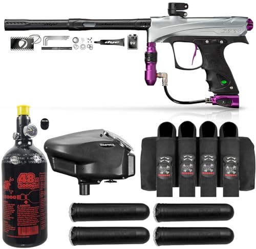Maddog DYE CZR+ .68 Cal Full Auto Electronic Paintball Gun Marker Advanced Starter Package | HPA Tank, Empire Halo Too Loader, Neck Protector, Pro Harness & Paintball Pods - Grey/Purple Dust