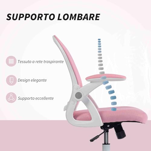 Sedia Ufficio con Funzione a Dondolo, Braccioli Regolabili, Altezza Regolabile, Sedia Scrivania con Schienale a Rete, Ruote e Seduta Imbottita, 65.5x61.5x88-97.5 cm, Rosa - Sedia gaming - Immagine 5