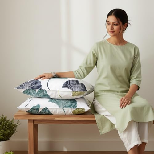 Image of HOMEMONDE Leaf Printed Pillow Covers - 210 TC Soft Luxurious Bedding Pillow Case (Blue & Green, 20 x 26 Inch (Pack of 2))