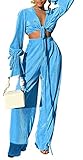 Rodawu Women 2 Piece Pleated Outfits Casual Flare Sleeve Lacing Crop Tops Long Wide Leg Palazzo Pants Set Jumpsuit Sky Blue XX-Large