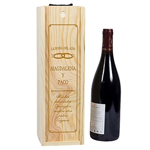 Imagen de CALLE DEL REGALO Caja de madera para botellas de vino grabada con título