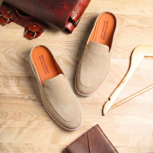 Image of HAYES LONDON Riviera Italian Suede Leather Backless Slip-On Mule Loafers for Men | Casual Summer Walk Half Shoes | Comfortable Open-Back Driving Loafers