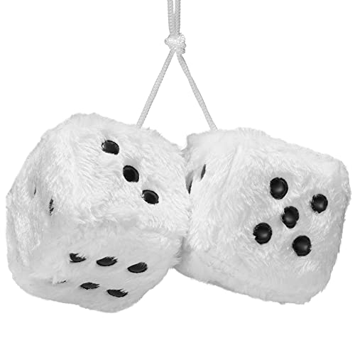 Image of 2.95'' Retro Fuzzy Plush Dice Car Charm Square Plush Dice Car Rear View Mirror Hanging Ornament Car Mirror Hanging Accessories, White