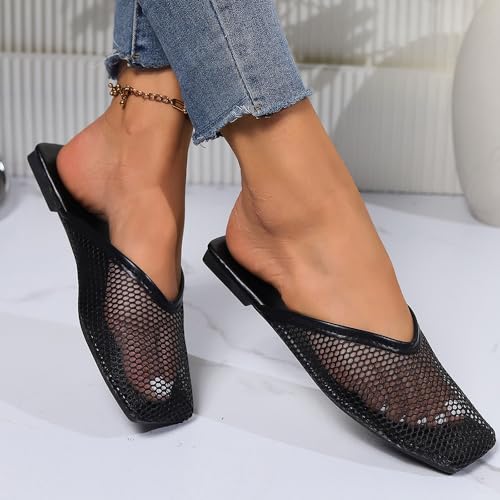 Women's Fashion Outdoor Mesh Breathable Comfort Square Toe Flat Non-slip Slippers Casual Flat Slippers For Women4