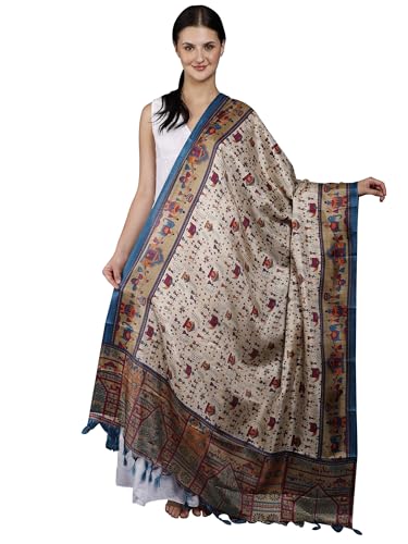 Women's Art Silk Dupatta with Printed Warli Folk Art Motifs | Beautiful Designer Stole, Chunni For Girls