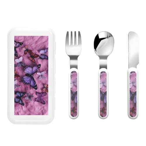 Stainless Steel Kids Silverware Set, All Butterflies Are On Purple Background Utensil Set Reusable Children Safe Knife Spoon Fork Set With Storage Case Dishwasher Safe For Lunch, Travel Outdoors