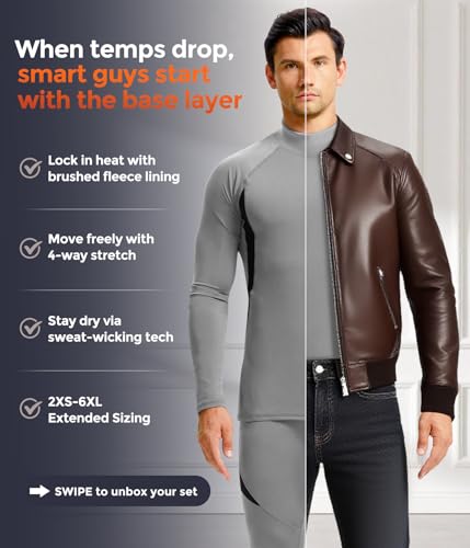 Image of Mens Thermal Underwear Long Johns Set Cold Weather Hunting Base Layer | Fleece lined top & bottom. Moisture wicking, 4-way stretch. Ultimate warm winter gear for skiing, work & outdoor sports