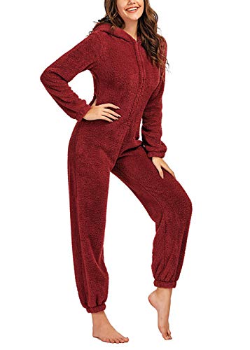 Chouyatou Women's Ultra Comfy Lounge Furry Sherpa Romper Onesie Pajamas Cute Ear Hood (X-Large, Red) #TOP16