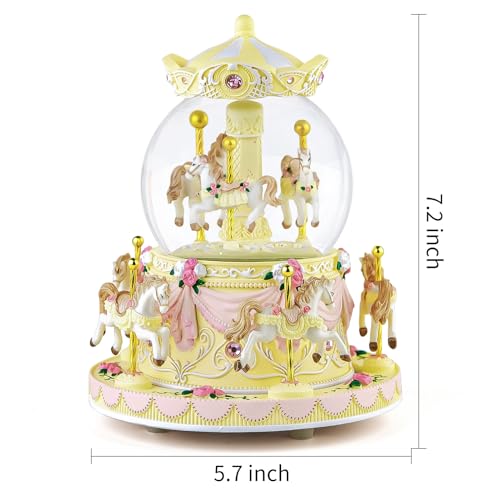 Presente de globo de neve carrossel, caixa de música com luz de 8 cavalos Windup musical Natal Dia d