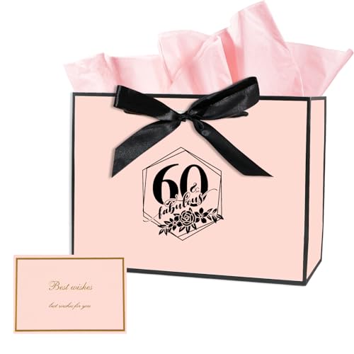 60th Birthday Gift Bag, 60th Birthday Gifts for Women, Medium Bow Gifts Bag with Wrapping Paper and Card, Birthdays Supplies for Women Celebration Gift Bags (Pink)