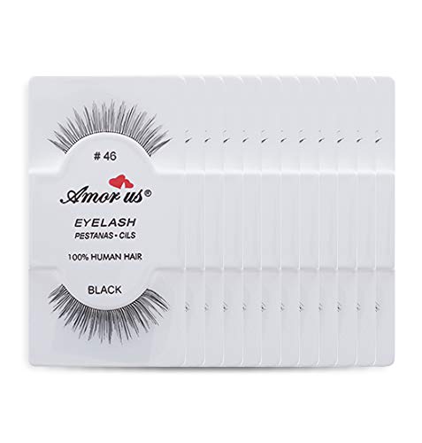 12 Pairs Multipack #46 False Eyelashes Dozen Set 100% Natural Hair Black Handmade Comfortable Reusable Strip Fake Lashes Pack