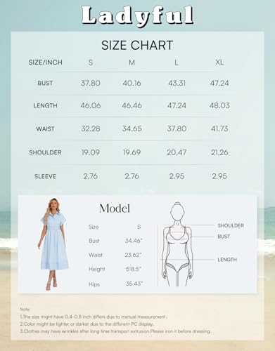 Image of Ladyful Women Casual Button Down Shirt Dress Short Wing Sleeve Buiness Midi Shirt Dress with Belt Elegant Dress
