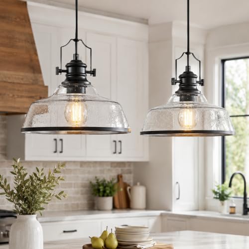kudos 2-Pack 11" Black Seeded Glass Pendant Lights, KDPL13-BK-S-2PK