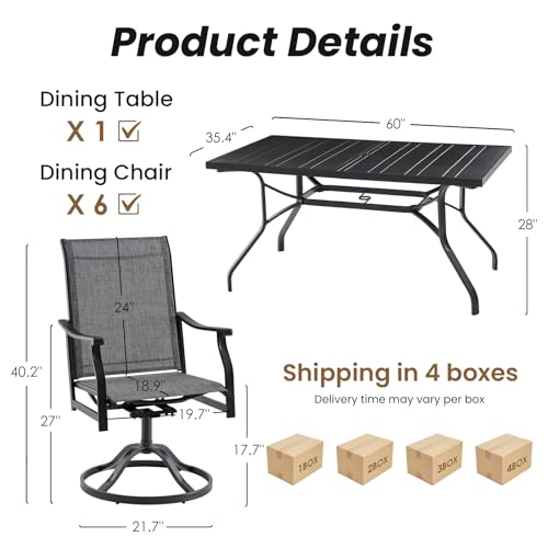 Image of Soohow Outdoor Dining Set for 6, 7-Piece Patio Table and Chairs Set, 6 x Swivel Patio Dining Chairs with Textilene Fabric and 60 inchx35 inch Outdoor Table with 1.57 inch Umbrella Hole for Backyard, Poolside