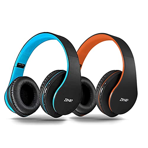 2 Items,1 Black Blue Zihnic Over-Ear Wireless Headset Bundle With 1 Black Orange Zihnic Foldable Wireless Headset #TOP30