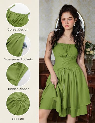Image of Scarlet Darkness Corset Mini Sundress Chiffon Homecoming Dress for Women | Slim Straps, Ruched Neckline, Lace-Up Front, Layered A-Line, for Graduation Cocktail Party, Fairy Costume with Pockets