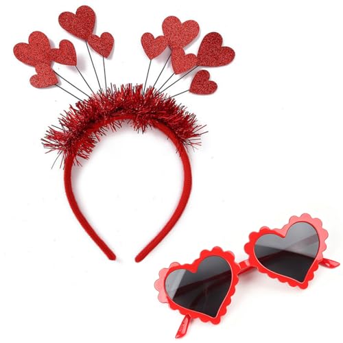 SquishyWorld Ensemble Accessoire Lunette Coeur et Bandeau Rouge pour Femme, Lunettes Mariage Soiree Cupidon, Kit 2 Pièces Serre Tête Anniversaire et Lunettes Soleil Coeur pour Fête Saint Valentin