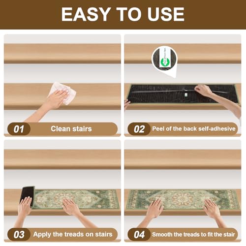 Non Slip Stair Treads for Wooden Steps Indoor, Light Green, 15pcs, 30"X8", Soft Carpet Mat, Machine Washable Boho Carpet Treads with Reusable Adhesive Backing, Safety Stair Tread for Dog, Kid, Elder by IM HOME - Used condition - Image 8