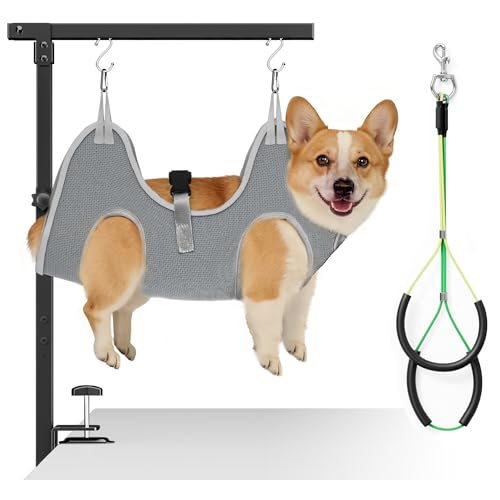 niffgaff Adjustable Dog Grooming Arm with Clamp, 26″–40″ Height, M Hammock with Back Buckle, No-Sit Grooming Restraint for Small & Medium Dogs