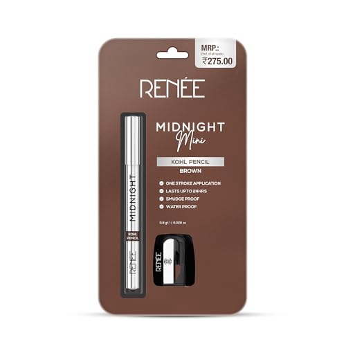 Image of RENEE Midnight Mini Kohl Pencil - Brown, One-Swipe-Application with rich color Payoff, Smudgeproof and waterproof, Enriched with Vitamin E, Olive Oil and Castor Oil, 0.8g