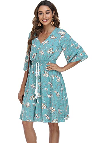 Image of VintageClothing Women's Floral Sundresses Flowy Boho Summer Beach Dress | Lightweight Breathable material,Elegant V Neck and Button Front Design,Flared Bell Sleeve Cut,Mini Casual dress