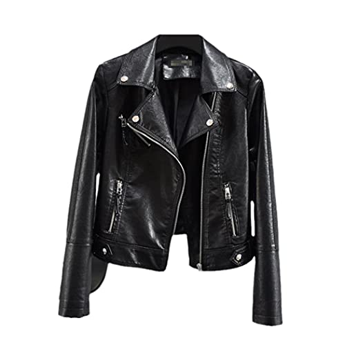 Veste de moto en cuir synthétique souple noir pour femme en taille M avec col rabattu