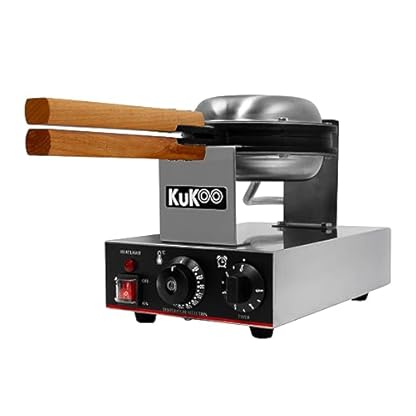 KuKoo Profi Edelstahl Waffeleisen Dreh-Funktion Tiefe Füllung für dicke Waffeln Antihaft Eisenplatten 50-250°C Automatische Temperaturregler 1-5min Timer Cool-Touch-Holzgriff GRATIS Servierzange 1000W
