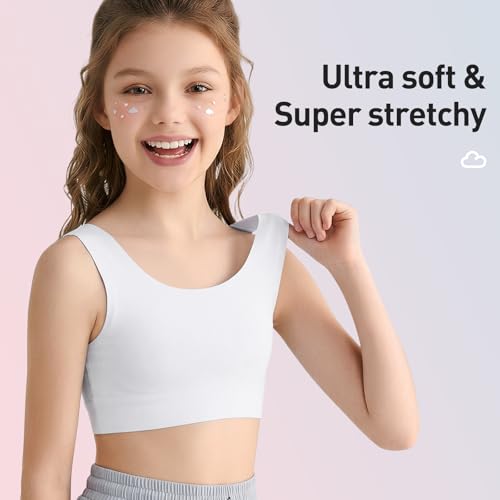 DRMYDRM Training Bras for Girls 6-12 Soft Teen Girls Sports Bra Seamless Bralettes No Pads First Bra Multipack Longline Crop (US, Alpha, X-Large, Regular, White+Nude+Pink+Blue) — view 2