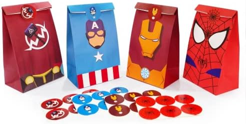24Pcs Superhero Party Bags With Stickers Avenger Party Bags Candy Kraft Paper Bags Superhero Themed Party Supplies Birthday Party Gift Bags for Kids