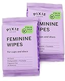 Pixie Menstrual Cup Wipes - On The Go Public Bathroom Feminine Wipes - Safe On Period Cups & Menstrual discs - Biodegradable, Flushable, Ph Balanced (20 Count (2 Pack)