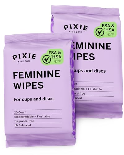 Pixie Menstrual Cup Wipes - On The Go Public Bathroom Feminine Wipes - Safe On Period Cups & Menstrual discs - Biodegradable, Flushable, Ph Balanced (20 Count (2 Pack)