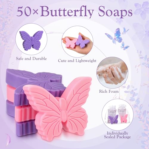 Dansib 50 Sets Butterfly Themed Baby Shower Favors Butterfly Soap with Thank You Cards Gift Bag for Guest Gender Reveal Party Decorations Baby Shower Game Prizes Wedding Favor(Pink and Purple) by Dansib - Image 2