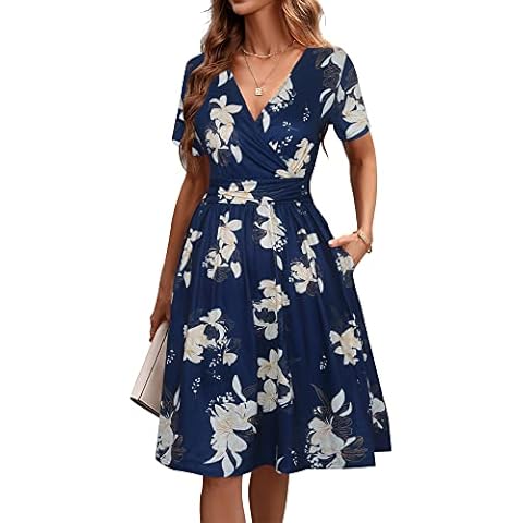 Sakaly Women's Classic Summer Short Sleeve Wrap V-Neck Floral Flowy Party Midi Dresses with Pockets SK380, Navy Blue Floral, X-Large Cover