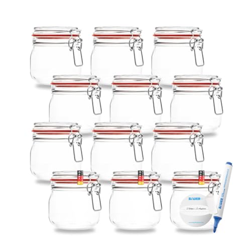 Bauer Flaschenbauer - Juego de 12 tarros de almacenamiento con soporte de alambre de 634 ml, adecuados como tarro para conservas y fermentación, para almacenamiento, relleno, tarros vacíos con gancho