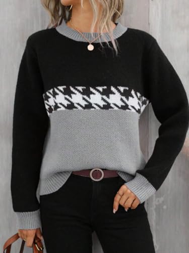 Image of chouyatou Women's Vintage Color Block Long Sleeve Pullover Sweater Houndstooth Printed Crewneck Jumper Tops