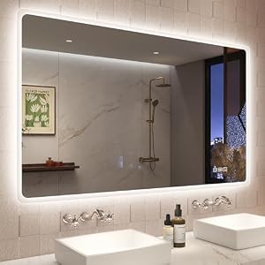 STARLEAD Bluetooth Badspiegel-mit-Beleuchtung 120x70cm, Badezimmerspiegel mit Entfoggen, Dimmbar, 3 Lichtfarben, Speicherfunktion, IP44 Hartglas Großer Spiegel-Bad, Horizontal/Vertikal