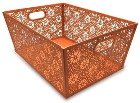 ARA CHOICE Modern Rectangle Metal Floral Mesh Storage Basket Tray Bin Laundry Grip Handles for Store Office Paper Sheet, Bathroom Accessories Easy to Use with Attractive Colorful Looks (ORANGE)