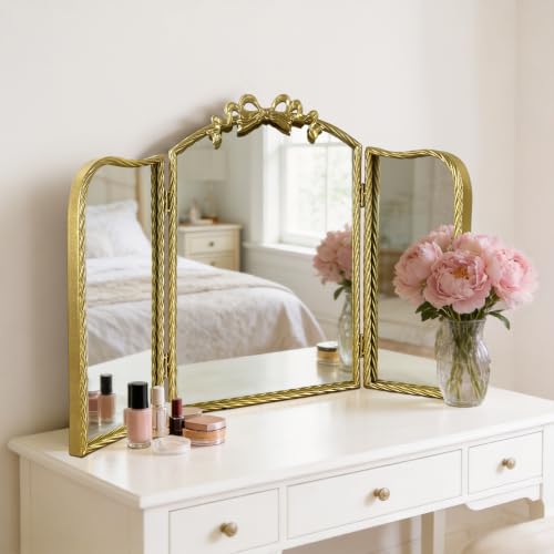 Gold Trifold Vanity Mirror Bow Top, 3-Way Makeup Mirror, Wall Mirrors for Entryway...