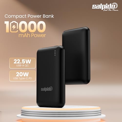 Image of SAL-PB219 10000mAh Power Bank, 22.5W PD Fast Charging, USB-A and Type-C Ports, Smart Chip Protection, LED Indicator, Thin and Lightweight, Portable Design, Includes Charging Cable (Black)