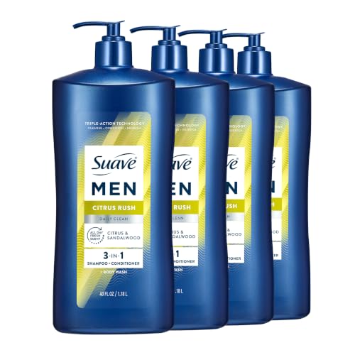 Suave Men Citrus Rush Daily Clean 3 in 1 Shampoo Conditioner & Body Wash for Men with Glycerin & Keratin Hydrates & Smooths Hair Citrus Scent 4 Count 40 fl oz Pump