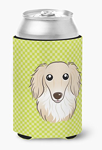 Caroline's Treasures BB1274CC Checkerboard Lime Green Longhair Creme Dachshund Can or Bottle Hugger Cooler Washable Drink Sleeve Collapsible Beverage Insulated Holder, Can Hugger, Multicolor