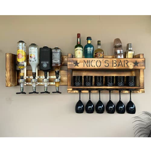 Etagère murale en bois avec distributeur de boissons - Bar Personnalisé avec Nom Idée Cadeau - Compartiment pour Verres & Porte-Bouteilles - 118x30cm Grand, Vintage Flammé