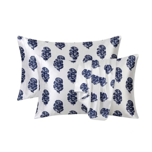 Image of RAGGLE Set of 4 Satin Silk Pillowcase for Hair and Skin Standard Size 18 inchX 28 inch with Soft Breathable Smooth Cooling Pillow Covers for Sleeping or Pillow Protector (4, Navy Blue Printed)