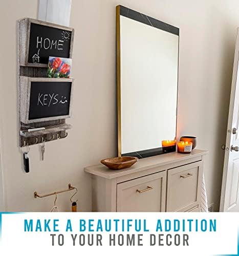 Rustic 2-Slot Mail Sorter Organizer for Wall with Chalkboard Surface & 3 Double Key Hooks - Wooden Wall Mount Mail Holder Organizer  Wall Décor for Entryway made of Paulownia Wood - Rustic White