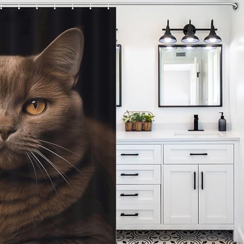 Rideau de douche chat marron imperméable 152x183 cm avec crochets