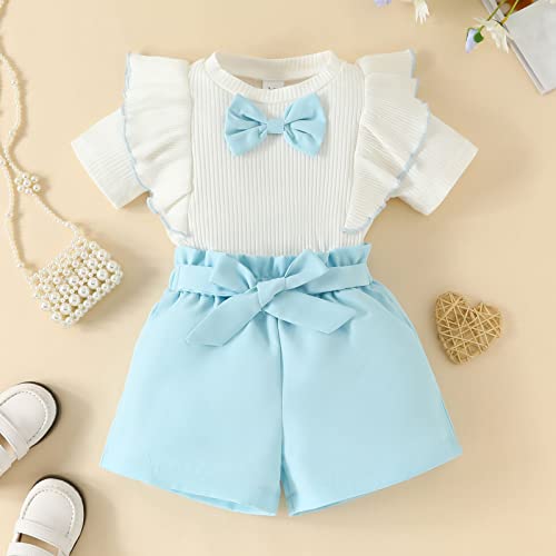 Lykmera Camiseta para meninas de manga curta com babados e nervuras, shorts, roupas para meninas (az