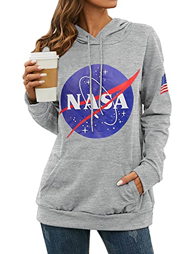 Ezcosplay Women Long Sleeve NASA Pullover Hoodie Space Graphic Sweatshirt with Pocket, B-l-Grey, XX-Large