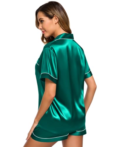 Image of SWOMOG Womens Silk Satin Pajamas Set Short Sleeve Sleepwear Button Down Top and Shorts Loungewear 2 Piece Pjs Set XS-3XL