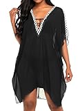 Women Casual V Neck Cold Shoulder Chiffon Bikini Swimsuit Beach Cover up Bathing Suit Swimwear Summer Beachwear Dress Black Plus Size XXL